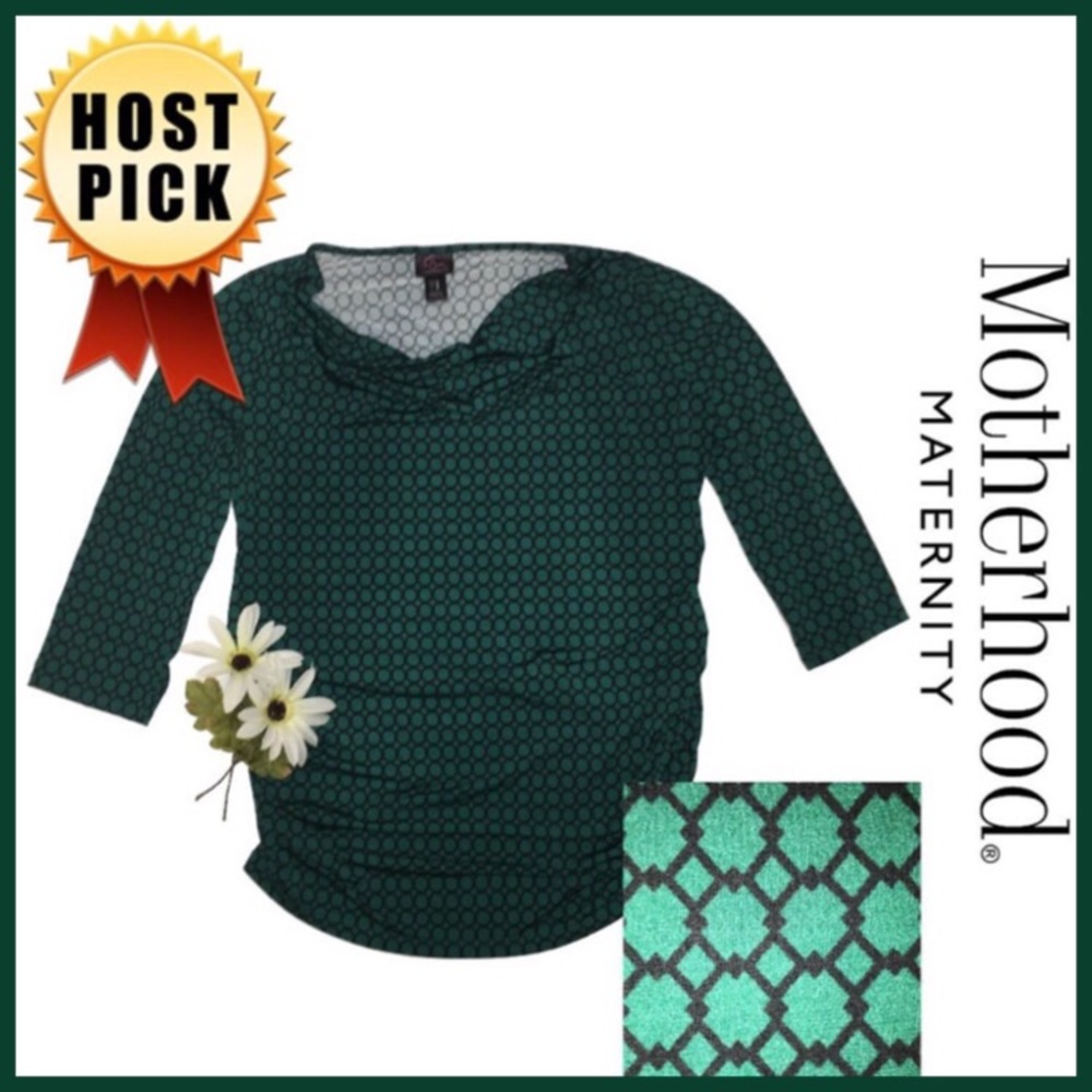 Geometric Print Motherhood Maternity Cowl Neck Top, Emerald Green Large